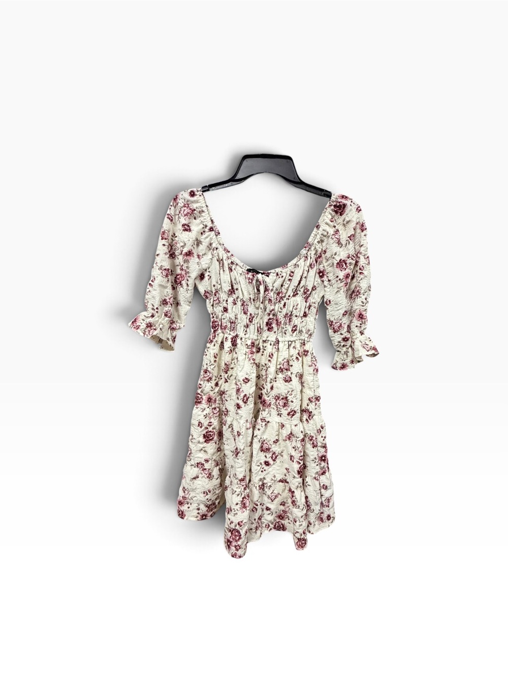 Mary & Mo Floral Mini Dress Women’s XS Ivory Burgundy Smocked Stretch